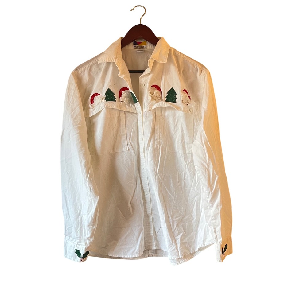 Vintage white Long Sleeve‎ Button Down Shirt embroidered Santa Trees Christmas L